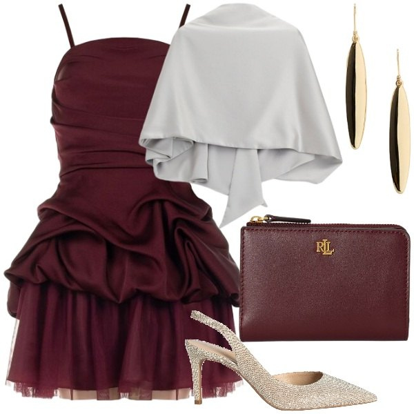 Outfit donna - Leone, segno di Fuoco. Stile Glamour per Serata fuori. Abbinamento con décolleté, orecchini, portafogli, vestiti corti, scialli.