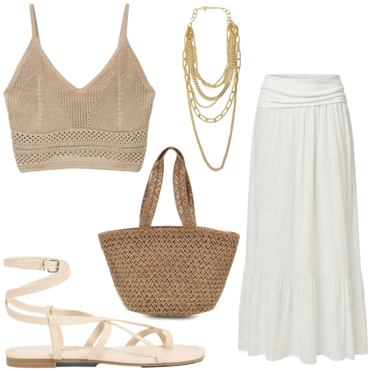 Outfit donna - Soft boho style. Stile Boho per Tutti i giorni. Abbinamento con sandali, top, gonne lunghe, collane, borse tote.
