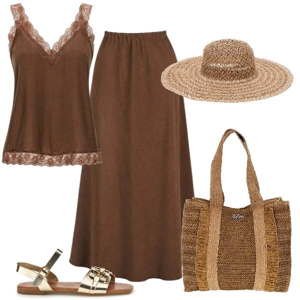 Outfit donna - Total look #2439408. Stile Etnico per Mare. Abbinamento con gonne lunghe, canottiere, borse a spalla, sandali, cappelli.