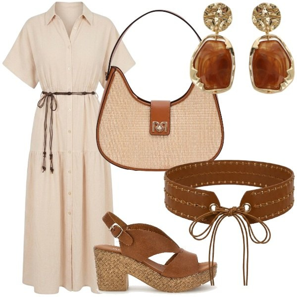 Outfit donna - un look pensato per essere ricordato. Stile Casual chic per Tutti i giorni. Abbinamento con borse a spalla, orecchini, vestiti chemisier, cinture, sandali col tacco.