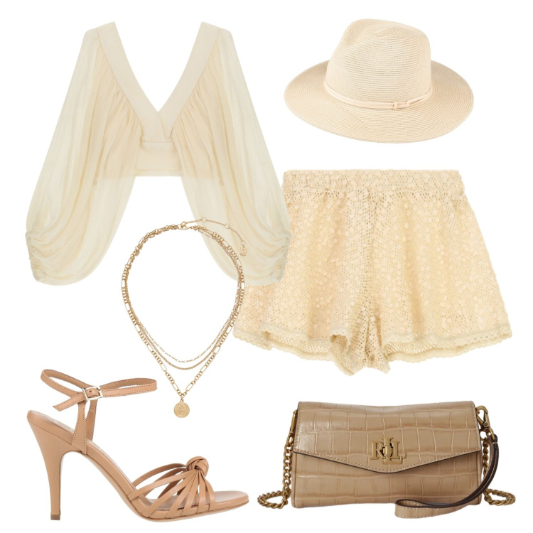 Outfit donna - La protagonista. Stile Glamour per Serata fuori. Abbinamento con cappelli, sandali in pelle, shorts, top, portafogli, ciondoli.