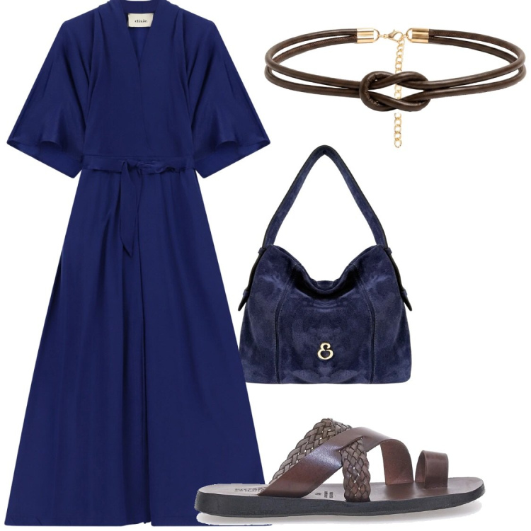 Outfit donna - Borsa blu. Stile Chic per Serata fuori. Abbinamento con borse a spalla, vestiti midi/longuette, cinture, ciabatte.