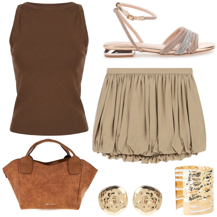 Outfit donna - Serata chic. Stile Trendy per Serata fuori. Abbinamento con minigonne, braccialetti, orecchini, canottiere, sandali, borse a mano.