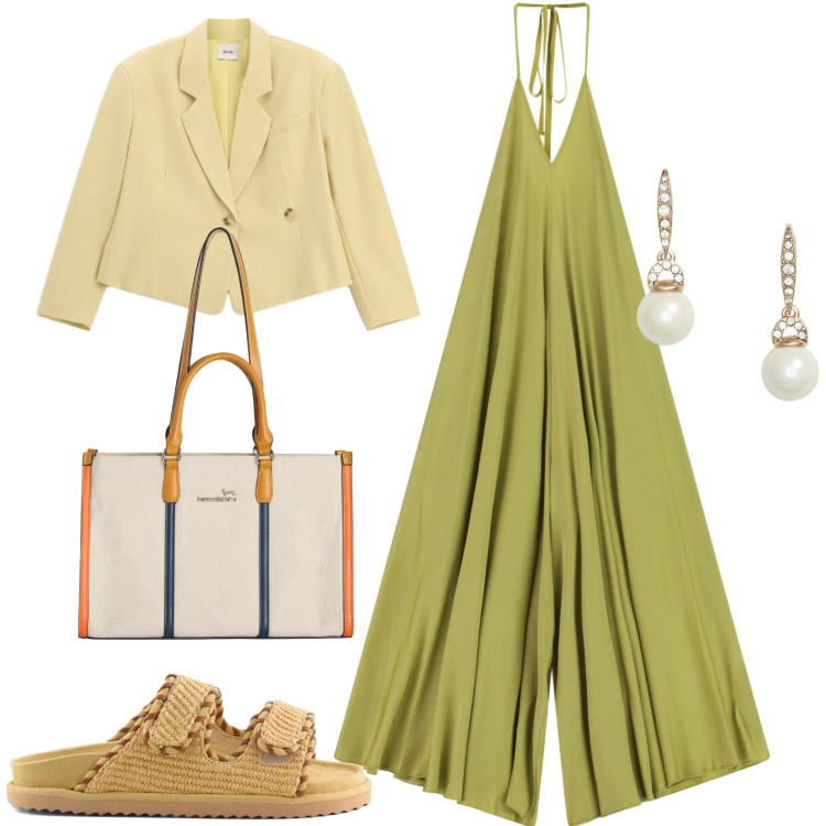 Outfit donna - Summer. Stile Casual per Tutti i giorni. Abbinamento con borse tote, blazer, tute, orecchini, sandali.