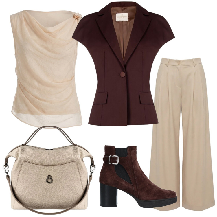 Outfit donna - Tonalità brown. Stile Trendy per Ufficio. Abbinamento con stivaletti chelsea, pantaloni, borse a mano, top, blazer.