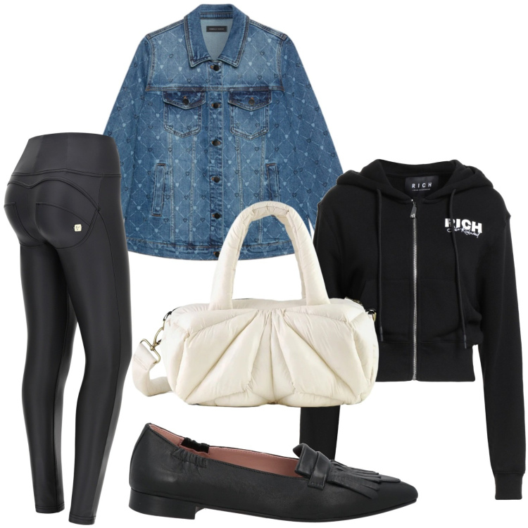 Outfit donna - Denim lovers. Stile Basic per Tutti i giorni. Abbinamento con felpe con cappuccio, mocassini, blazer, pantaloni skinny, borse a mano.