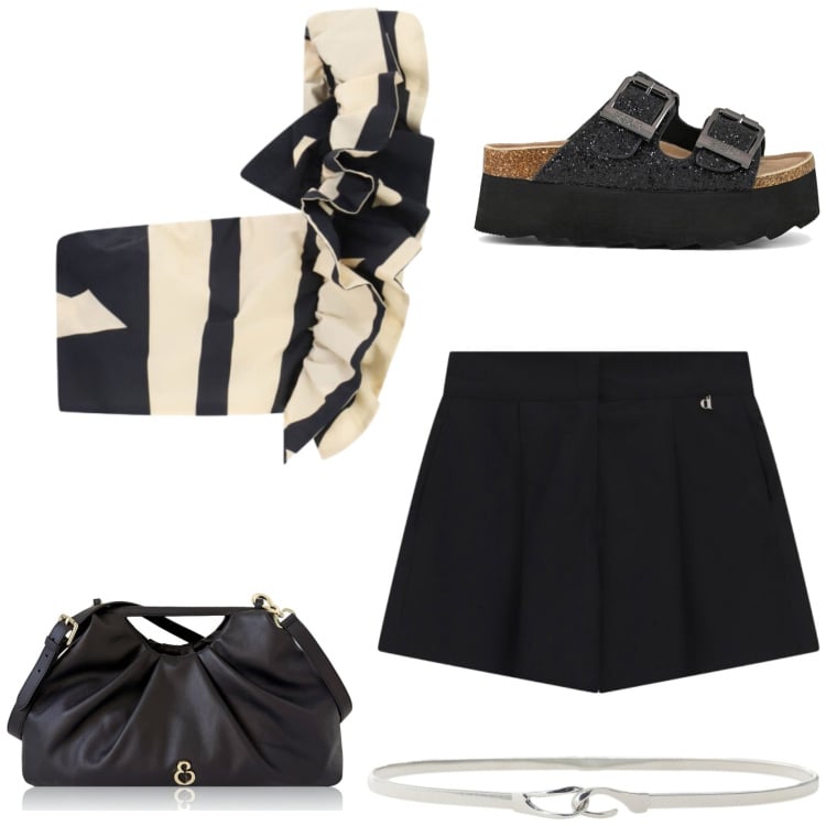 Outfit donna - Carioca. Stile Glamour per Tutti i giorni. Abbinamento con clutch, shorts, cinture, top, sandali.