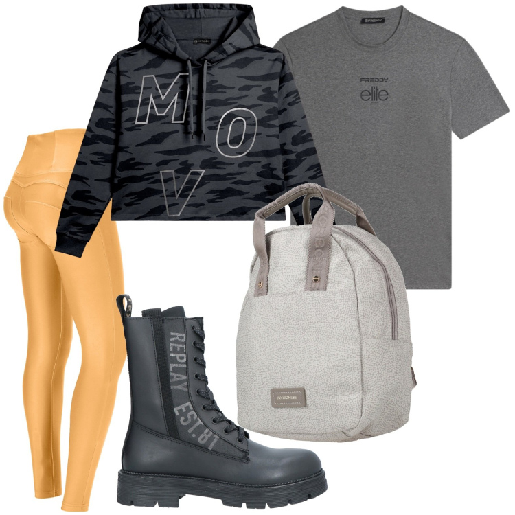 Outfit donna - Relax. Stile Casual per Tutti i giorni. Abbinamento con zaini, anfibi, t-shirt, pantaloni skinny, felpe.