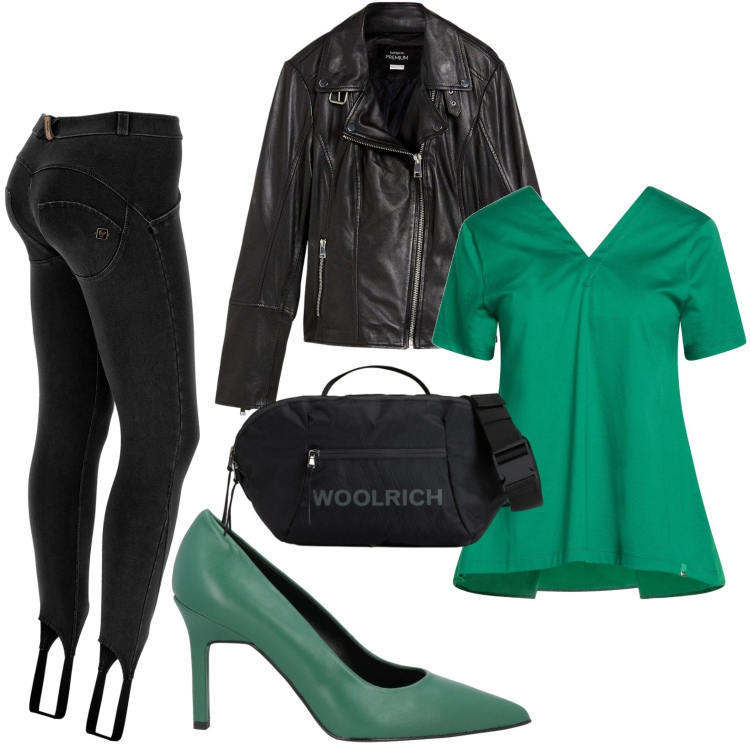 Outfit donna - Weekend rock. Stile Rock per Serata fuori. Abbinamento con t-shirt, décolleté, giacche, jeggings, borse a tracolla.