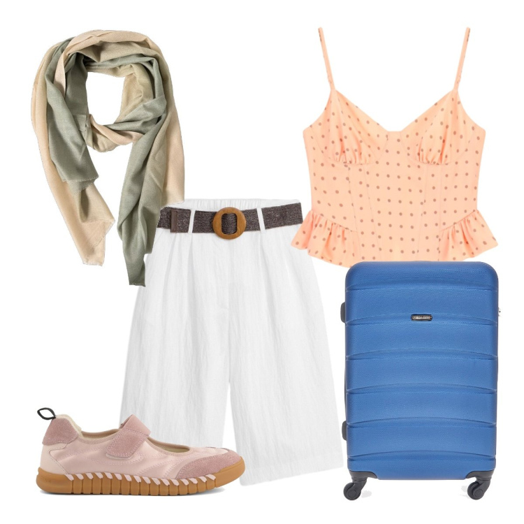 Outfit donna - Estate in libertà. Stile Romantica per Tutti i giorni. Abbinamento con bermuda, top, foulard, ballerine, valigie.