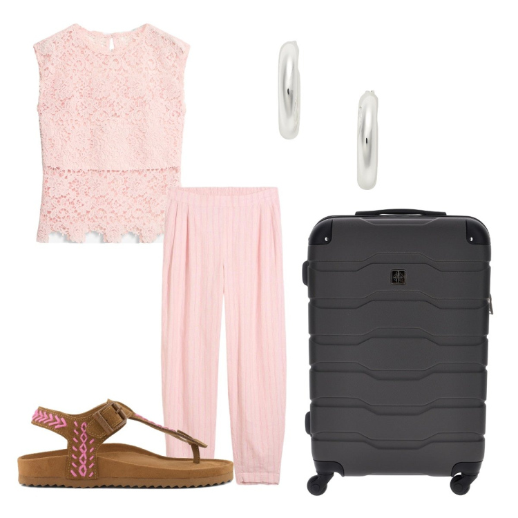 Outfit donna - Pronta per una nuova meta. Stile Romantica per Tutti i giorni. Abbinamento con pantaloni, top, orecchini, infradito, valigie.