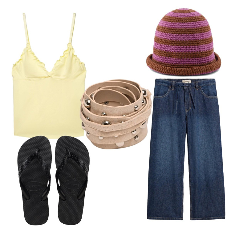 Outfit donna - Nella valigia. Stile Trendy per Tutti i giorni. Abbinamento con jeans, canottiere, cinture, infradito, berretti.