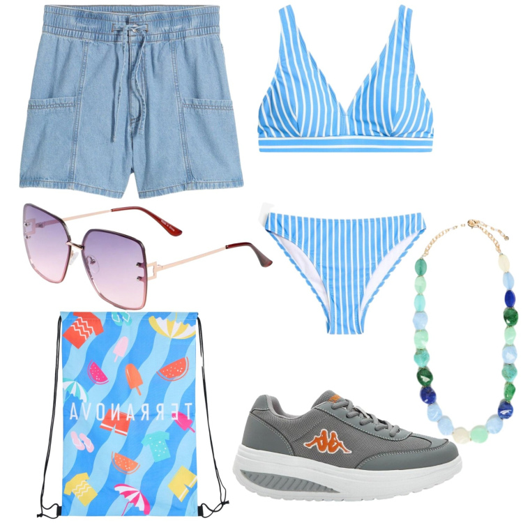 Outfit donna - Total look #2439483. Stile Casual per Mare. Abbinamento con sneakers, occhiali da sole, bikini, shorts, zaini, collane.