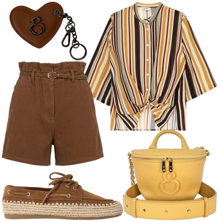 Outfit donna - Con Elisendra tour turistico. Stile Chic per Tutti i giorni. Abbinamento con borse a tracolla, portachiavi, scarpe stringate, camicie, shorts.