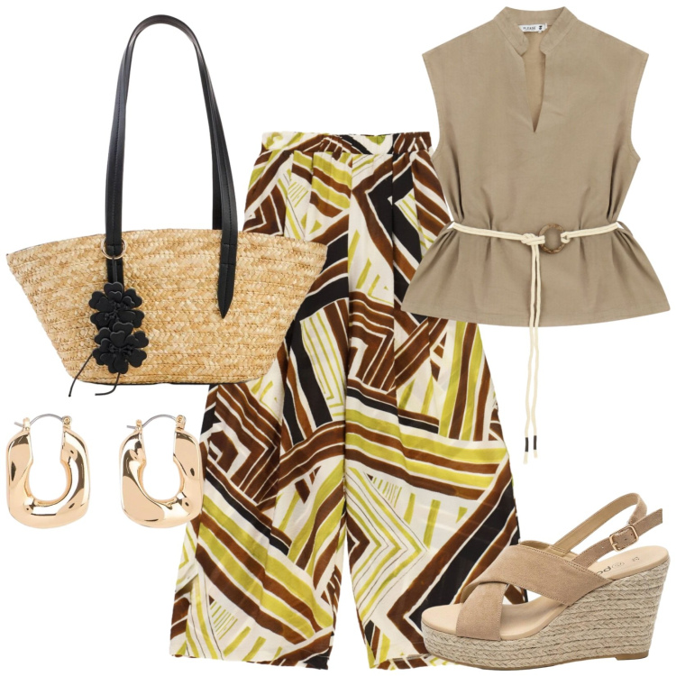 Outfit donna - Stampa etnica. Stile Casual per Tutti i giorni. Abbinamento con sandali col tacco, shopping bag, orecchini, camicie, pantaloni a palazzo.
