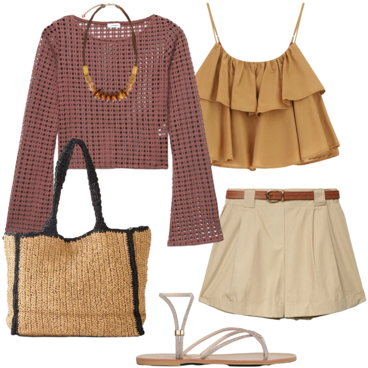 Outfit donna - Valigia per le vacanze. Stile Casual chic per Tutti i giorni. Abbinamento con shopping bag, shorts, maglieria, sandali, collane, top.