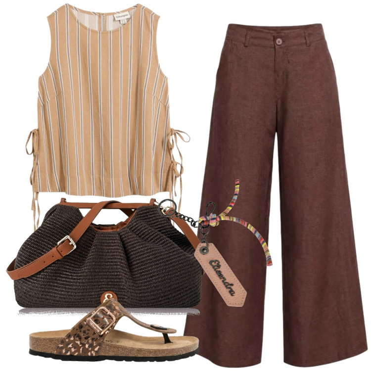 Outfit donna - Freschezza di lino. Stile Casual per Tutti i giorni. Abbinamento con infradito, canottiere, pantaloni a palazzo, clutch, portachiavi.