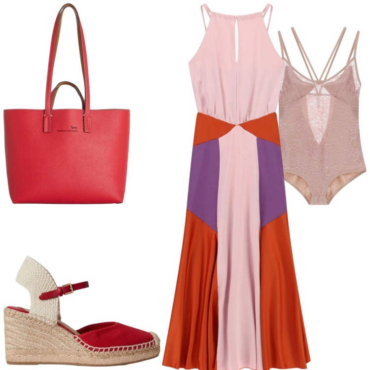 Outfit donna - Summer Holidays. Stile Casual chic per Mare. Abbinamento con shopping bag, zeppe, vestiti lunghi, body.