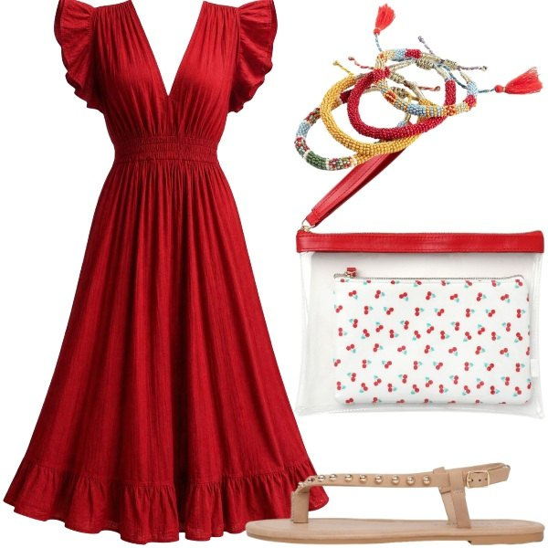 Outfit donna - Estate. Stile Casual per Tutti i giorni. Abbinamento con braccialetti, ciabatte, pochette, vestiti midi/longuette.