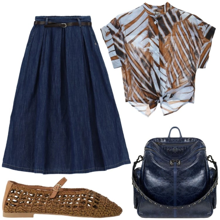 Outfit donna - La borsa a zainetto. Stile Chic per Ufficio. Abbinamento con zaini, gonne, ballerine, camicie a manica corta.