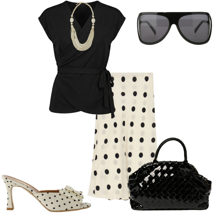 Outfit donna - Summer Holidays. Stile Casual chic per Serata fuori. Abbinamento con sandali col tacco, gonne longuette, borse a mano, t-shirt, occhiali da sole, collane.