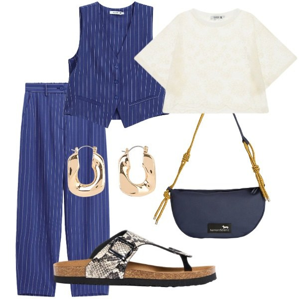 Outfit donna - Estate. Stile Casual chic per Serata fuori. Abbinamento con orecchini, infradito, borse a tracolla, pantaloni, gilet, top.