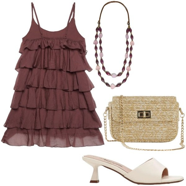 Outfit donna - Estate. Stile Casual chic per Serata fuori. Abbinamento con sandali, borse a tracolla, vestiti corti, collane.