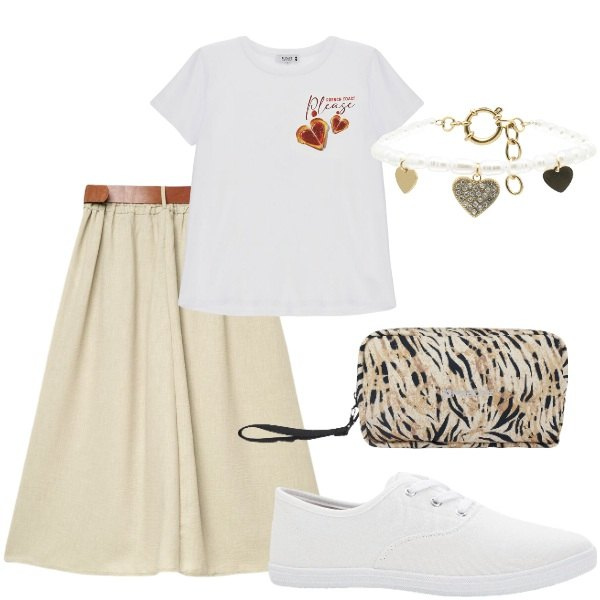 Outfit donna - Estate. Stile Casual per Tutti i giorni. Abbinamento con sneakers, gonne lunghe, t-shirt, braccialetti, valigie.
