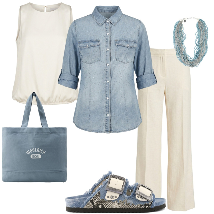 Outfit donna - Summer Holidays. Stile Casual chic per Tutti i giorni. Abbinamento con collane, camicie, pantaloni, top, borse tote, sandali.