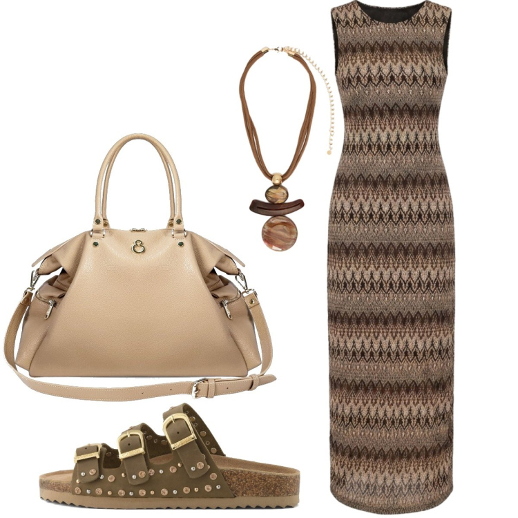 Outfit donna - La shopping Elisendra. Stile Glamour per Tutti i giorni. Abbinamento con shopping bag, ciondoli, vestiti lunghi, sandali.