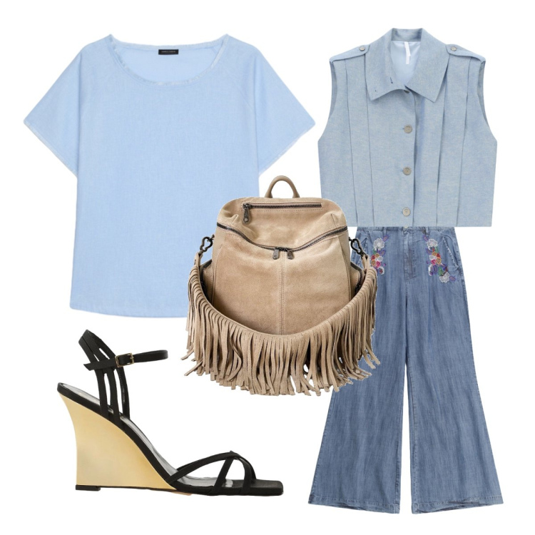 Outfit donna - Aperitivo al tramonto 2. Stile 70s per Serata fuori. Abbinamento con zaini, t-shirt, pantaloni a palazzo, sandali col tacco, gilet.