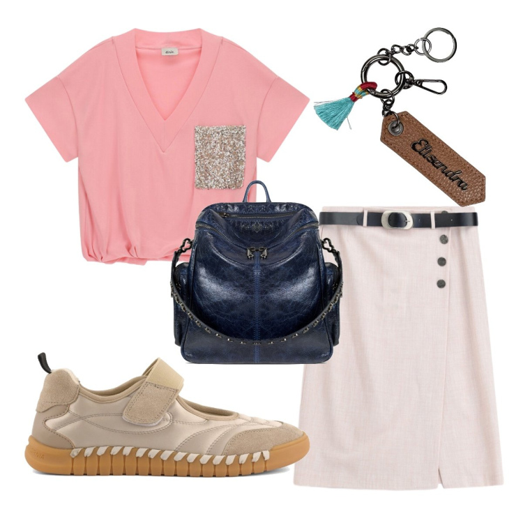 Outfit donna - Giornata in città 2. Stile Vintage retrò per Tutti i giorni. Abbinamento con portachiavi, zaini, t-shirt, gonne longuette, ballerine.