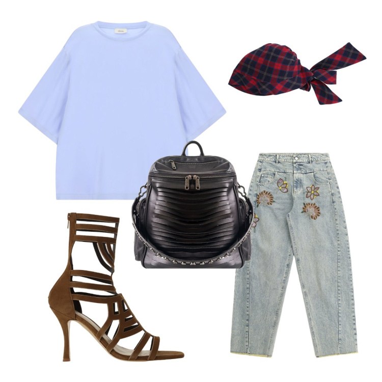 Outfit donna - Elisendra: l\'arte dell\'accessorio. Stile Glamour per Tutti i giorni. Abbinamento con zaini, jeans, t-shirt, sandali col tacco, fasce per capelli.