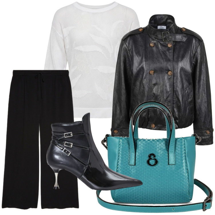 Outfit donna - L\'accessorio vivace. Stile Glamour per Tutti i giorni. Abbinamento con giacche, maglieria, borse a mano, pantaloni, stivaletti.