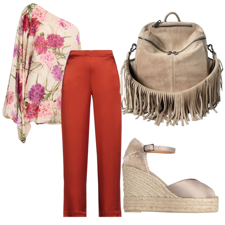 Outfit donna - Effetto slanciato. Stile Glamour per Tutti i giorni. Abbinamento con top, pantaloni, espadrillas, zaini.