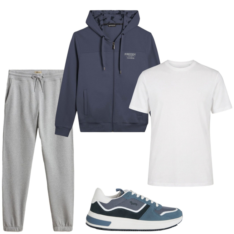 Outfit uomo - Sportivo. Stile Casual per Sport. Abbinamento con t-shirt, sneakers, felpe con cappuccio, pantaloni.