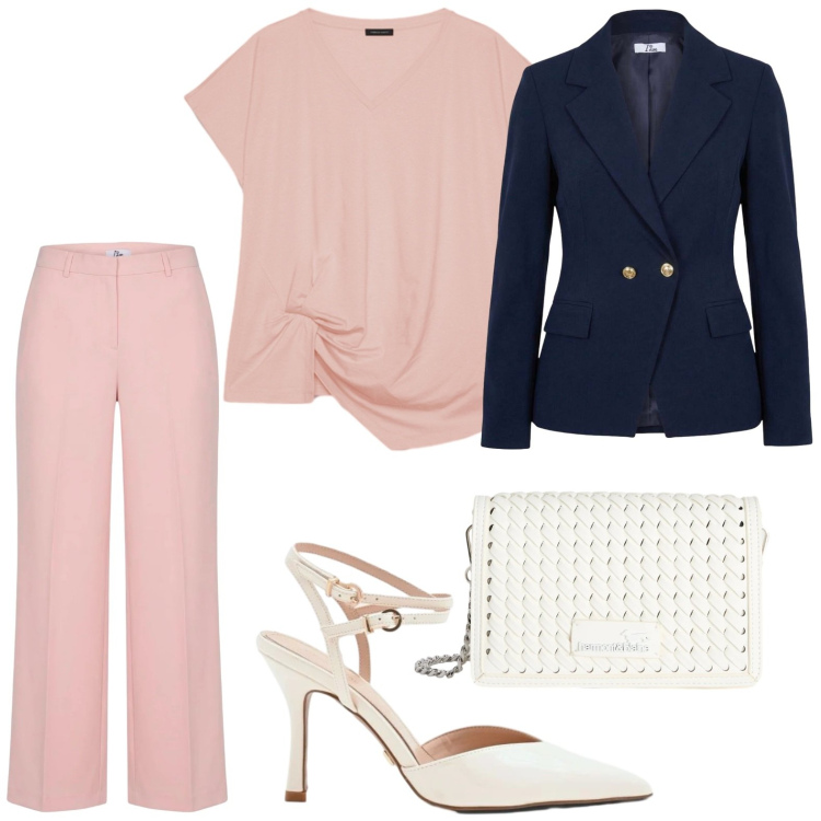 Outfit donna - Cena di lavoro. Stile Casual per Serata fuori. Abbinamento con pantaloni a palazzo, blazer, borse a tracolla, t-shirt, décolleté.