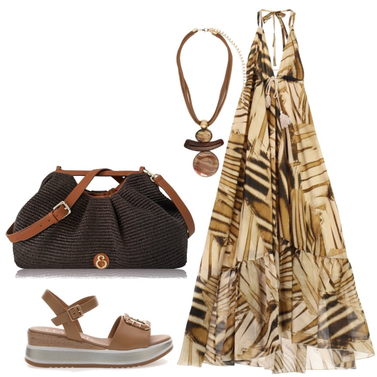 Outfit donna - Serata con gli amici. Stile Glamour per Serata fuori. Abbinamento con clutch, ciondoli, vestiti midi/longuette, sandali.