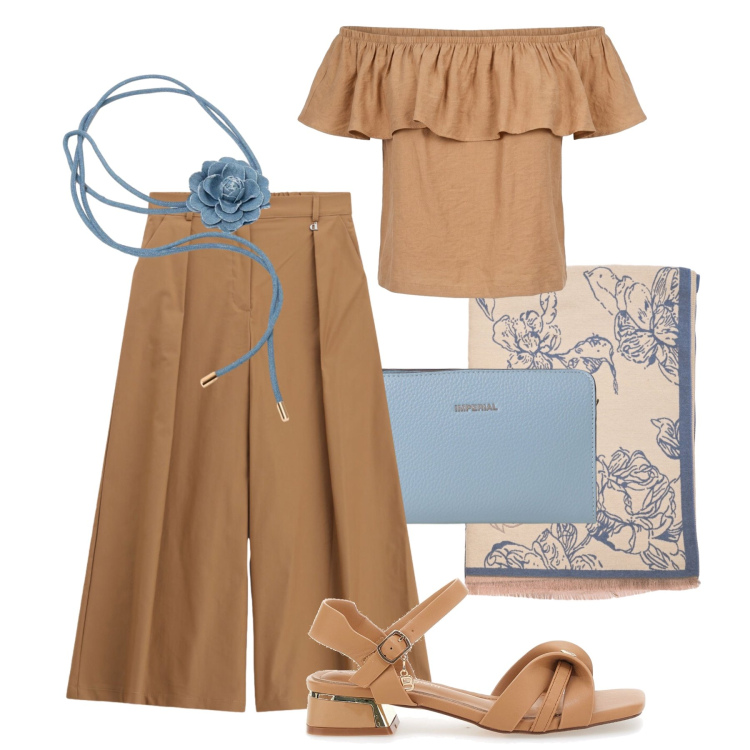 Outfit donna - Cognac twist azzurro. Stile Casual chic per Tutti i giorni. Abbinamento con pantaloni a palazzo, top, cinture, sciarpe, borse a tracolla, sandali col tacco.