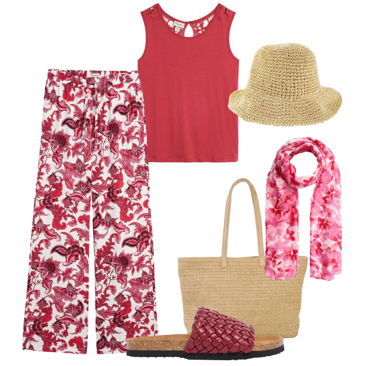 Outfit donna - Floreale in città - @francine. Stile Trendy per Tutti i giorni. Abbinamento con cappelli, pantaloni, shopping bag, top, ciabatte, foulard.