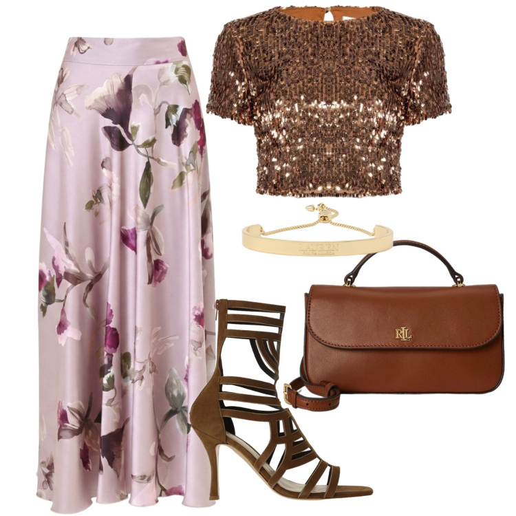 Outfit donna - Leone: audace che piace. Stile Glamour per Serata fuori. Abbinamento con gonne lunghe, top, sandali col tacco, braccialetti, portafogli.
