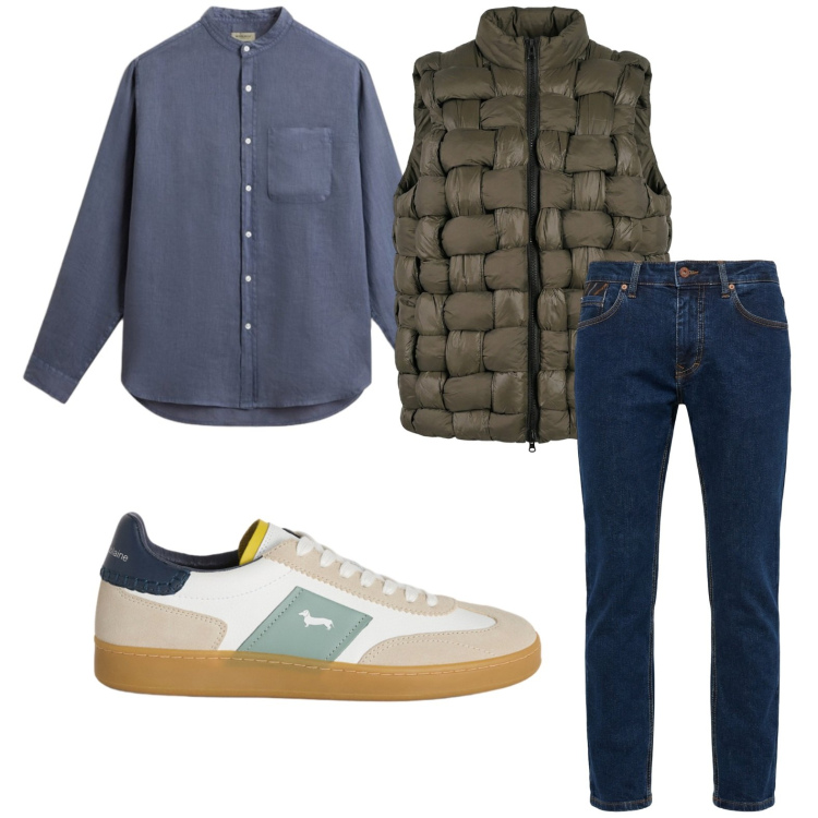 Outfit uomo - Total look #2439563. Stile Trendy per Tutti i giorni. Abbinamento con pantaloni, sneakers, gilet, camicie.