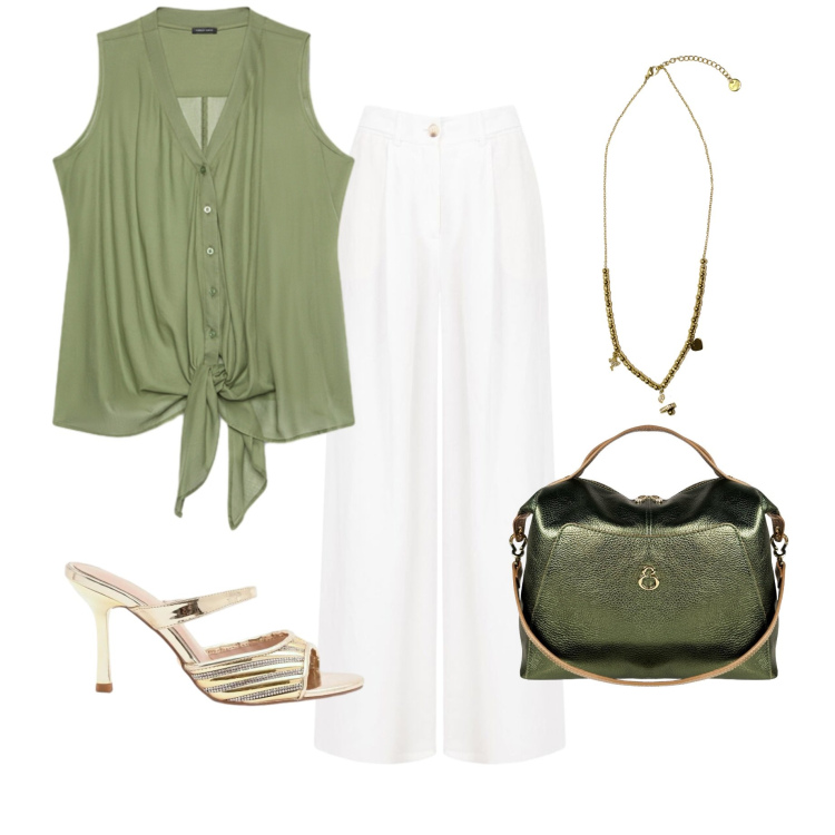 Outfit donna - Aperitivo estivo. Stile Glamour per Serata fuori. Abbinamento con borse a mano, top, ciondoli, sabot, pantaloni a palazzo.