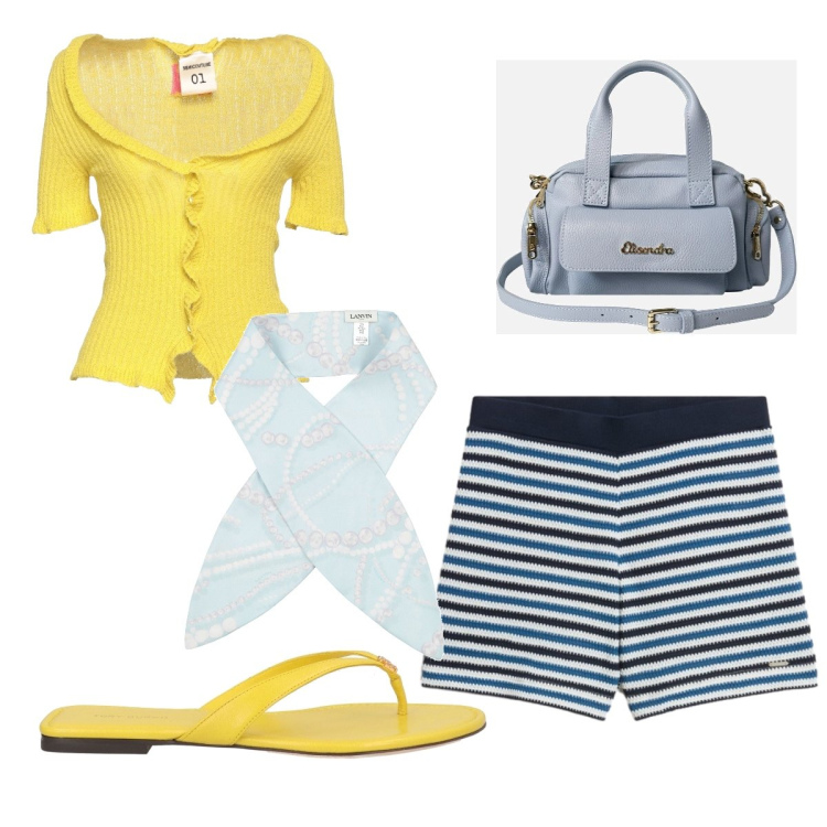Outfit donna - Beach day At Montecarlo. Stile Casual chic per Mare. Abbinamento con borse a mano, pantaloni corti, ciabatte, cardigans, sciarpe.