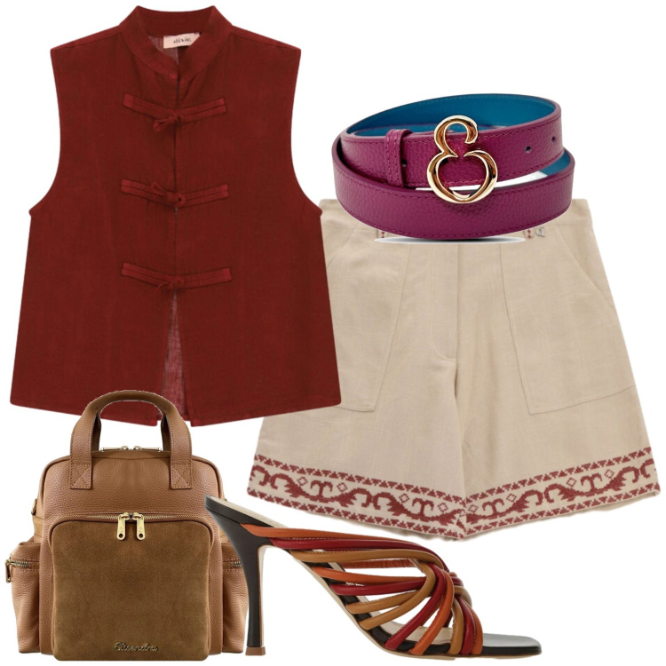Outfit donna - Città. Stile Casual per Tutti i giorni. Abbinamento con zaini, cinture, top, shorts, sandali.