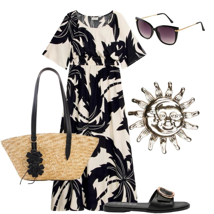 Outfit donna - Aperitivo esotico - @francine. Stile Casual chic per Tutti i giorni. Abbinamento con vestiti lunghi, ciabatte, occhiali da sole, shopping bag, blazer.