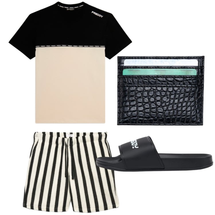 Outfit uomo - Total look #2439574. Stile Casual per Mare. Abbinamento con pantaloni corti, t-shirt, sandali, portafogli.