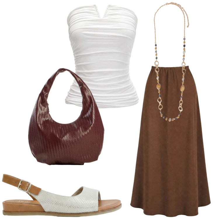 Outfit donna - Total look #2439577. Stile Romantica per Serata fuori. Abbinamento con sandali, borse a mano, top, gonne lunghe, collane.
