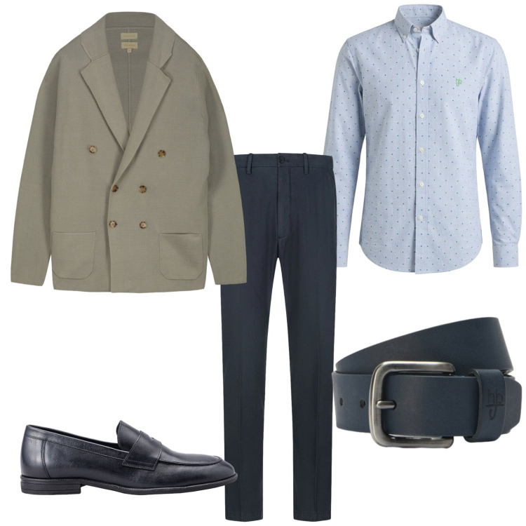 Outfit uomo - Total look #2439579. Stile Urban per Ufficio. Abbinamento con camicie, cinture, cardigans, scarpe stringate, pantaloni.