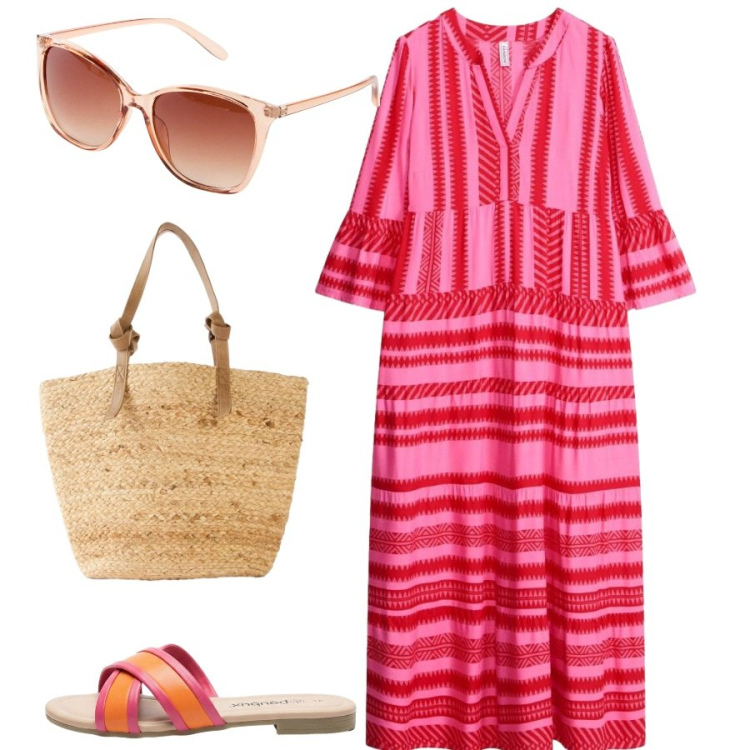 Outfit donna - easy to the beach. Stile Basic per Tutti i giorni. Abbinamento con ciabatte, occhiali da sole, shopping bag, vestiti lunghi.